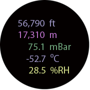 data from altitude simulation chamber, including alitude in feet and meters, pressure in mBar, temperature in degrees C, and relativey humidity