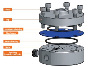 An exploded view of an Equilibar Multi-Orifice back pressure regulator.