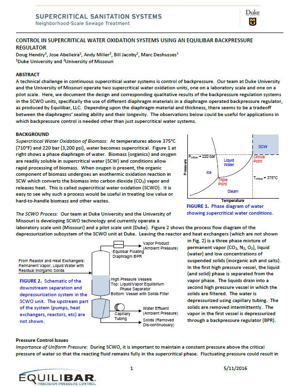 Customer Case Study from Duke University and University of Missouri - Supercritical Water Oxidation Systems Using An Equilibar Back Pressure Regulator for Sanitation Systems