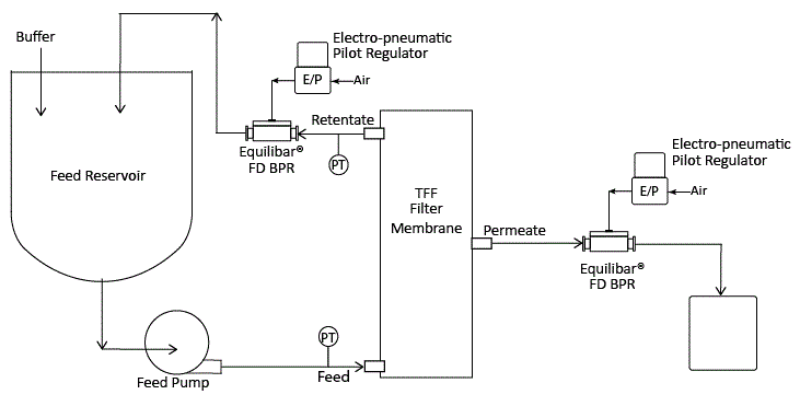 Schematic of Cross Flow Filtration using Equilibar Sanitary back pressure regulator