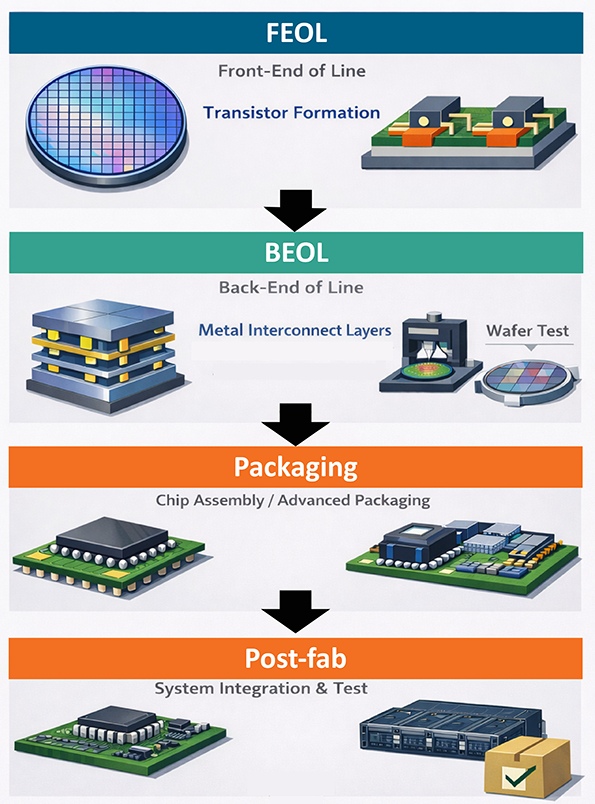 colorful pictograph of semiconductor fabrication sequences: FEOL, BEOL and packaging