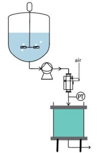 schematic of Equilibar PD sanitary pulsation dampener in chromatography delivery line